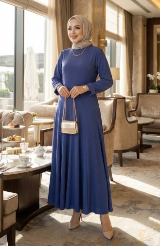 Volan Detaylı Bürümcük Elbise 7132-04 Mavi 7132-04