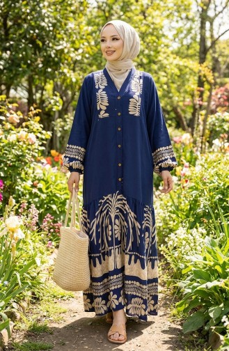 فستان من قماش الفيسكوز بأزرار نصفية 0056-03 أزرق داكن 0056-03