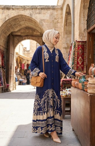 فستان من قماش الفيسكوز بأزرار نصفية 0056-03 أزرق داكن 0056-03