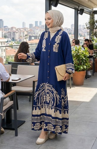 فستان من قماش الفيسكوز بأزرار نصفية 0056-03 أزرق داكن 0056-03