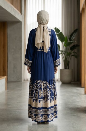 فستان من قماش الفيسكوز بأزرار نصفية 0056-03 أزرق داكن 0056-03