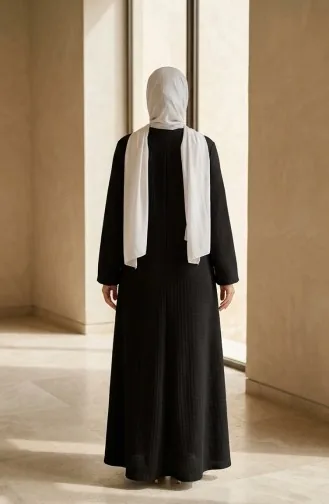 Geripptes Hijab-Kleid Mit Taille 2185-01 Schwarz 2185-01