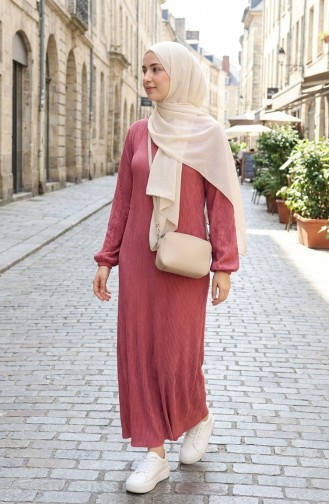 Pleated Hijab Dress With Gathered Waist 2186-02 Rose Pink 2186-02