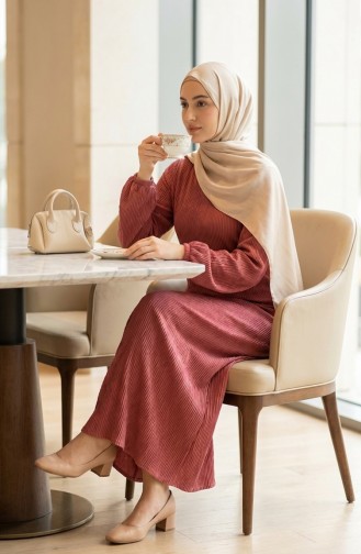 Pleated Hijab Dress With Gathered Waist 2186-02 Rose Pink 2186-02