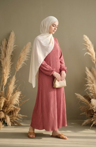 Pleated Hijab Dress With Gathered Waist 2186-02 Rose Pink 2186-02
