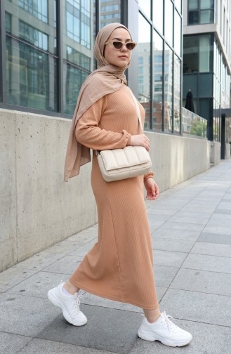 Pleated Hijab Dress With Gathered Waist 2186-03 Milky Coffee 2186-03