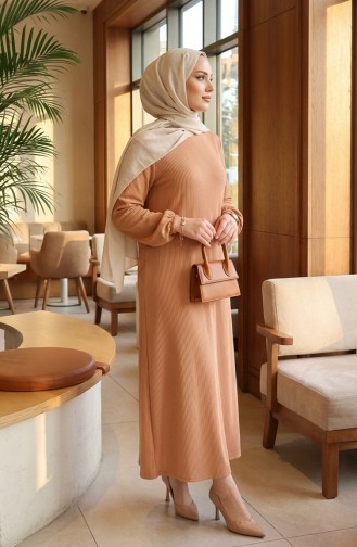 Pleated Hijab Dress With Gathered Waist 2186-03 Milky Coffee 2186-03