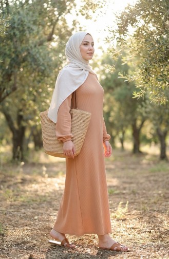 Pleated Hijab Dress With Gathered Waist 2186-03 Milky Coffee 2186-03