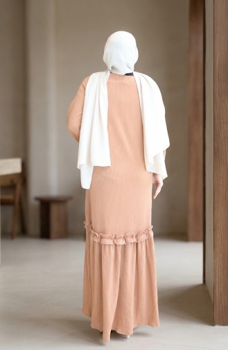 Pleated Hijab Dress With Gathered Waist 2186-03 Milky Coffee 2186-03