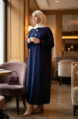 Button Detail Hijab Dress 2193-05 Navy Blue 2193-05
