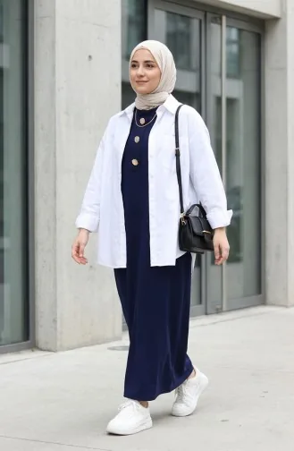 Button Detail Hijab Dress 2193-05 Navy Blue 2193-05