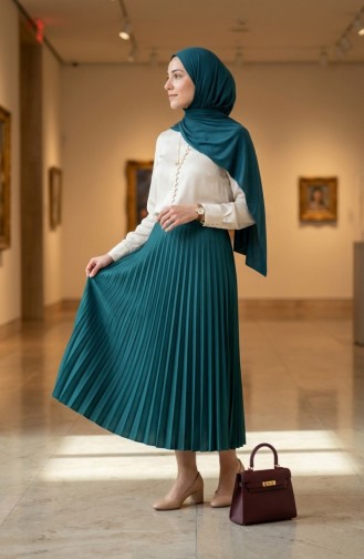 Elastic Waist Pleated Skirt 0213-09 Petrol 0213-09