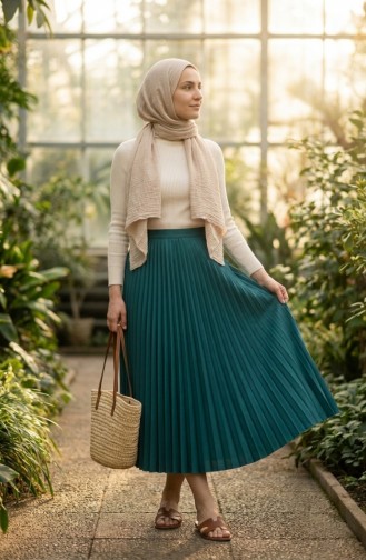 Elastic Waist Pleated Skirt 0213-09 Petrol 0213-09