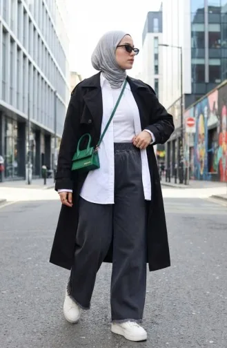 Elastic Waist Fringed Hem Denim Trousers 2211-01 Anthracite 2211-01