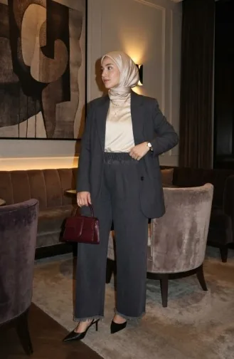 Elastic Waist Fringed Hem Denim Trousers 2211-01 Anthracite 2211-01