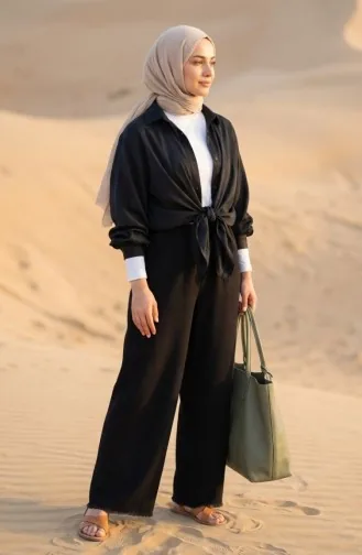 Elastic Waist Fringed Hem Denim Trousers 2211-02 Black 2211-02