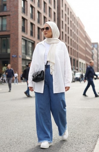 Denim Broek Met Elastische Taille En Franjes Aan De Zoom 2211-03 Blauw 2211-03