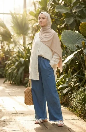 Elastic Waist Fringed Hem Denim Trousers 2211-03 Blue 2211-03