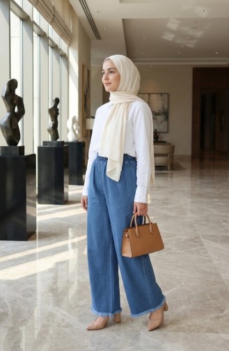 Denim Broek Met Elastische Taille En Franjes Aan De Zoom 2211-03 Blauw 2211-03