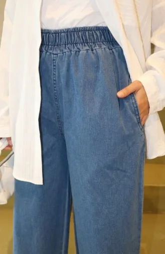 Elastic Waist Fringed Hem Denim Trousers 2211-03 Blue 2211-03
