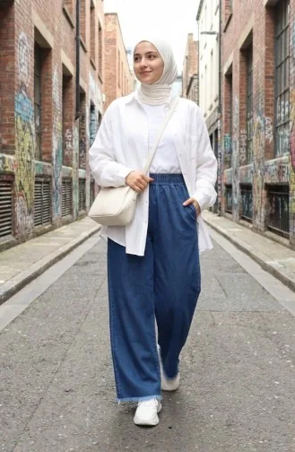 Elasticated Waist Fringed Hem Denim Trousers 2211-04 Navy Blue 2211-04