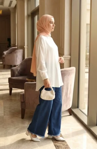 Elasticated Waist Fringed Hem Denim Trousers 2211-04 Navy Blue 2211-04