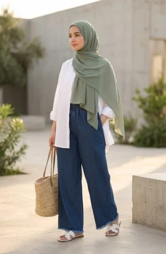 Elasticated Waist Fringed Hem Denim Trousers 2211-04 Navy Blue 2211-04