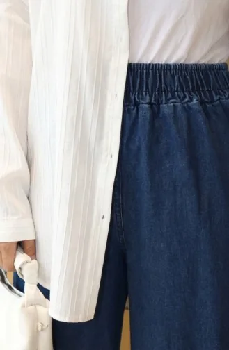 Elasticated Waist Fringed Hem Denim Trousers 2211-04 Navy Blue 2211-04