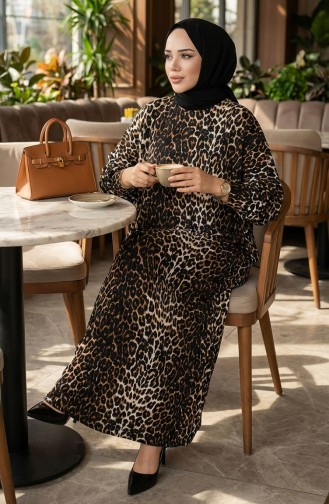 Robe En Crêpe à Motifs 7137-05 Noir Tan 7137-05