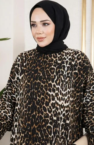 Desenli Bürümcük Elbise 7137-05 Siyah Taba