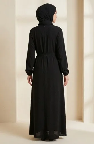 Robe Modeste à Ceinture Et à Motifs Pompons 2197-01 Noire 2197-01