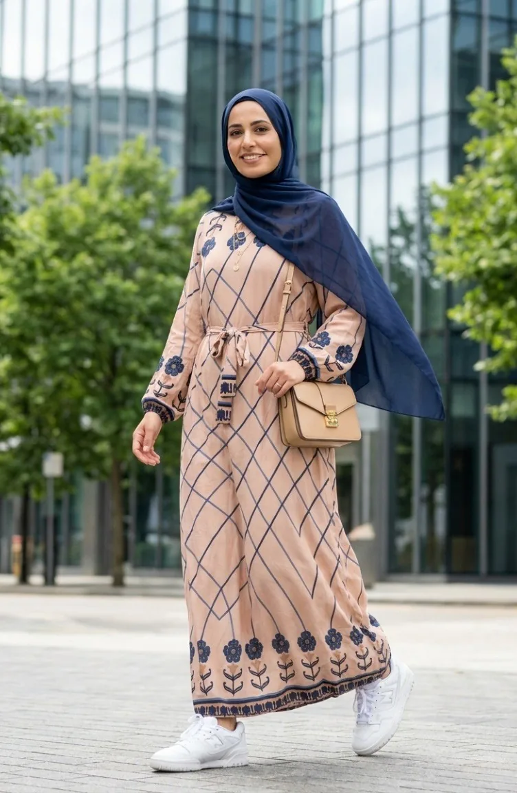 Robe Hijab En Viscose à Ceinture Et à Motifs 2203-01 Vison 2203-01