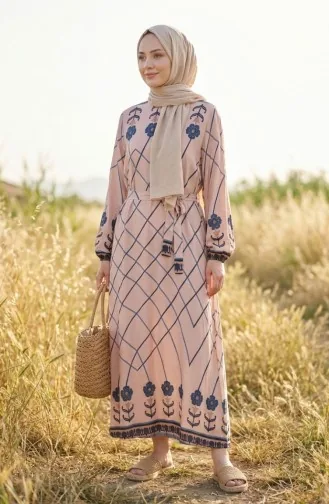 Robe Hijab En Viscose à Ceinture Et à Motifs 2203-01 Vison 2203-01