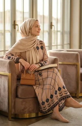 Robe Hijab En Viscose à Ceinture Et à Motifs 2203-01 Vison 2203-01