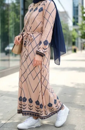 Robe Hijab En Viscose à Ceinture Et à Motifs 2203-01 Vison 2203-01
