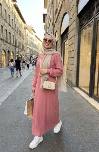 Robe Hijab Plissée à Détails Froncés 2187-01 Rose Poudré 2187-01