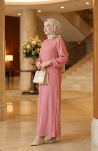 Robe Hijab Plissée à Détails Froncés 2187-01 Rose Poudré 2187-01