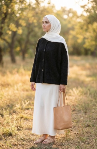 Buttoned Scarf Fur Coat 6341-01 Black 6341-01