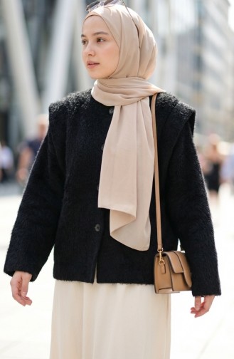 Buttoned Scarf Fur Coat 6341-01 Black 6341-01