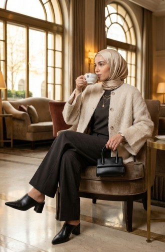 Buttoned Scarf Fur Coat 6341-03 Ecru 6341-03