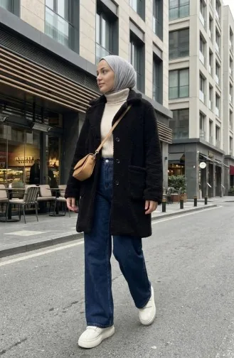 Veste En Peluche à Poches Boutonnées 6342-01 Noire 6342-01