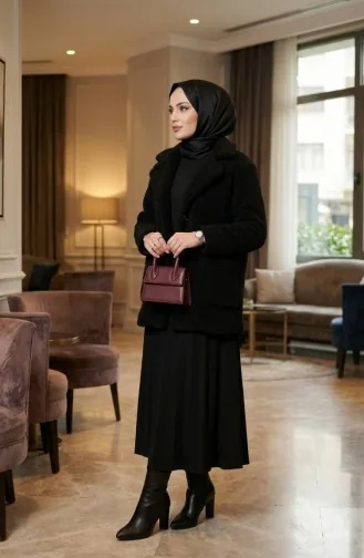 Veste En Peluche à Poches Boutonnées 6342-01 Noire 6342-01