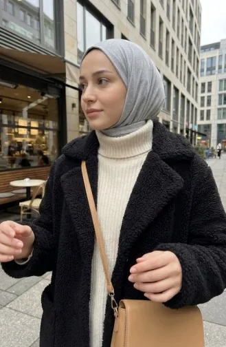 Veste En Peluche à Poches Boutonnées 6342-01 Noire 6342-01