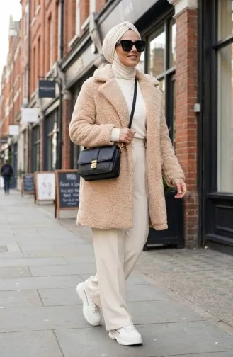 Düğmeli Cepli Peluş Ceket 6342-03 Vizon