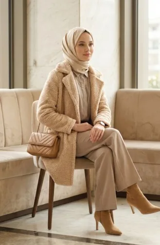 Düğmeli Cepli Peluş Ceket 6342-03 Vizon