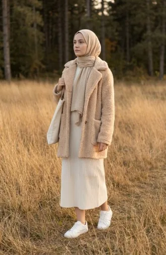 Düğmeli Cepli Peluş Ceket 6342-03 Vizon