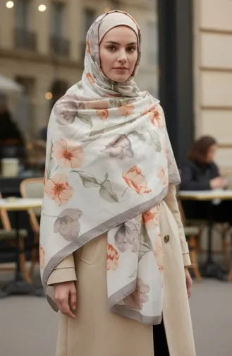 شال منقوش 1008-04 لون المنك والطين المحروق 1008-04