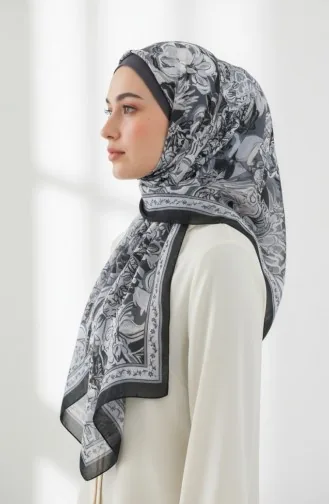 Pamuklu Desenli Koza Şal 70327-06 Siyah Gri
