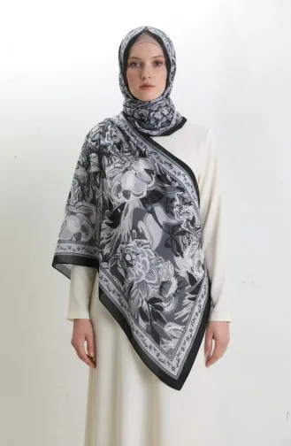 Pamuklu Desenli Koza Şal 70327-06 Siyah Gri