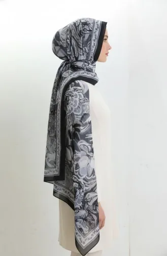 Pamuklu Desenli Koza Şal 70327-06 Siyah Gri